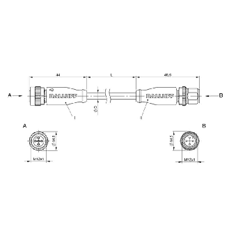 M12 Fem Droit 4p/M12 Mâle Droit 4p; PUR 4 fils Jaune Cpc 5m 250V-Lire la description