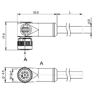 M12A Fem Coudé 8p; Câble PUR Blindé 8x0.25 Noir Cpc 5m (30V)-Lire la description