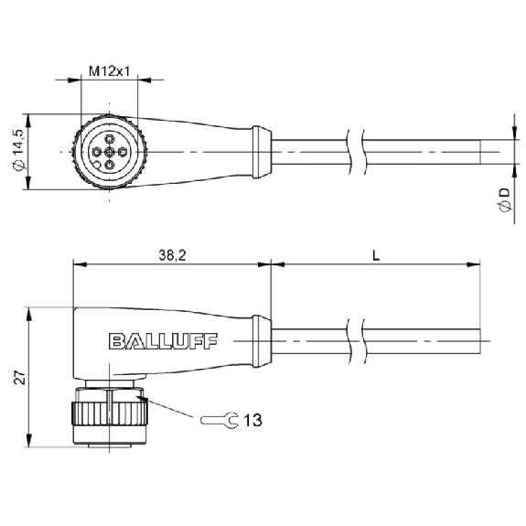 M12A Fem Coudé 4p; Câble PVC 4x0.34 Gris Cpc 25m 250V-Lire la description