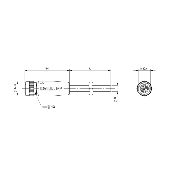 M12A Fem Droit 12p; Câble PVC 12x0.25 Gris Cpc 5m (30V)-Lire la description