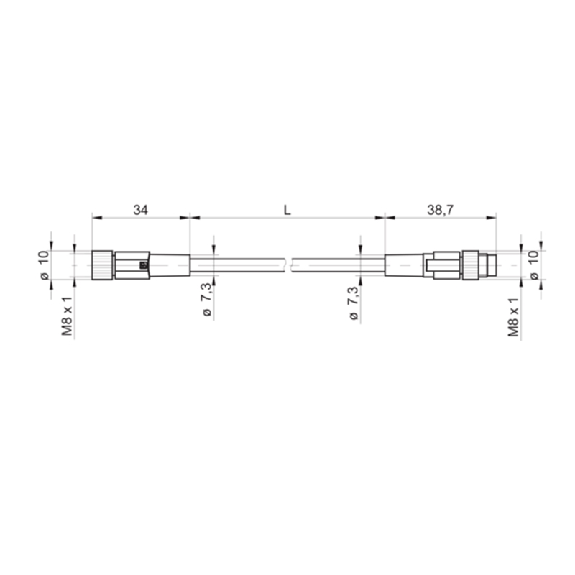 M08A Fem Droit 4p/M08A Mâle Droit 4p; PUR 4x0.25 Gris-Noir Cpc 0.2m-Lire la description