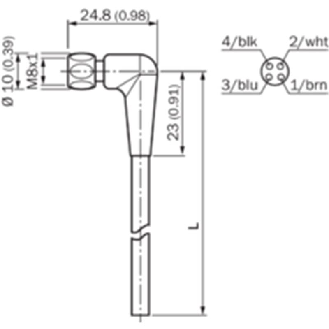 M08A Fem Coudé 4p Inox V4A F&B; Câble PP 4x0.34 Gris Cpc 5m-Lire la description