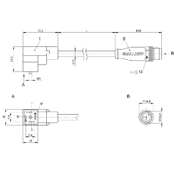 M12 Mâle Droit/EV Forme A 18mm 24VAC/DC+DIODE PUR 4x0,75 Noir 3m-Lire la description