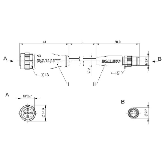 M08 Mâle Droit 4p/M12 Fem Droit 5p Câble PUR 4x0.34 Noir Cpc 3m-Lire la description