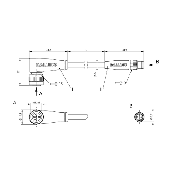M12A Fem Coudé 5p LED/M08A Mâle Droit 3p; PUR 3x0.34 Noir Cpc 3m-Lire la description