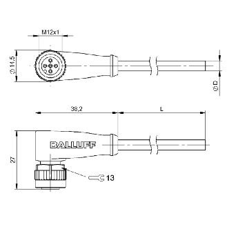 M12A Fem Coudé 3p LED PNP NF; Câble PUR 3x0.34 Noir 2m-Lire la description