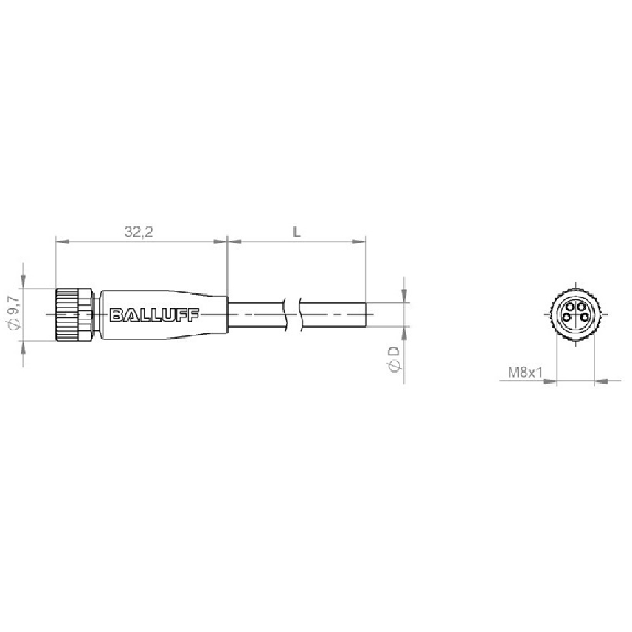 M08A Fem Droit 4p; Câble PVC 4x0.34 Gris Cpc 10m (60V)-Lire la description