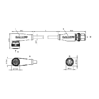 M12A Fem Coudé 5p/M12A Mâle Droit 3p; Câble PUR 3x0.34 Noir Cpc 5m-Lire la description