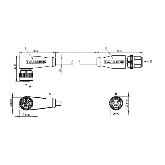 M12A Fem Coudé 5p/M12A Mâle Droit 3p; Câble PUR 3x0.34 Noir Cpc 5m M12A Fem Coudé 5p/M12A Mâle Droit 3p; Câble PUR 3x0.34 Noir Cpc 5m-Lire la description