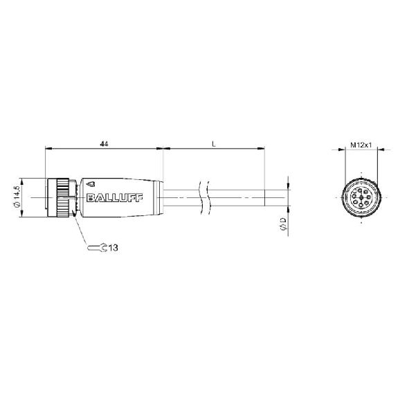 M12A Fem Droit 8p; Câble PUR 8x0.25 Noir Cpc 20m (30V)-Lire la description