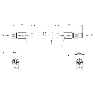 M08A Fem Droit 4p/M08A Mâle Droit 4p; PUR 4x0.34 Noir Cpc 5m-Lire la description