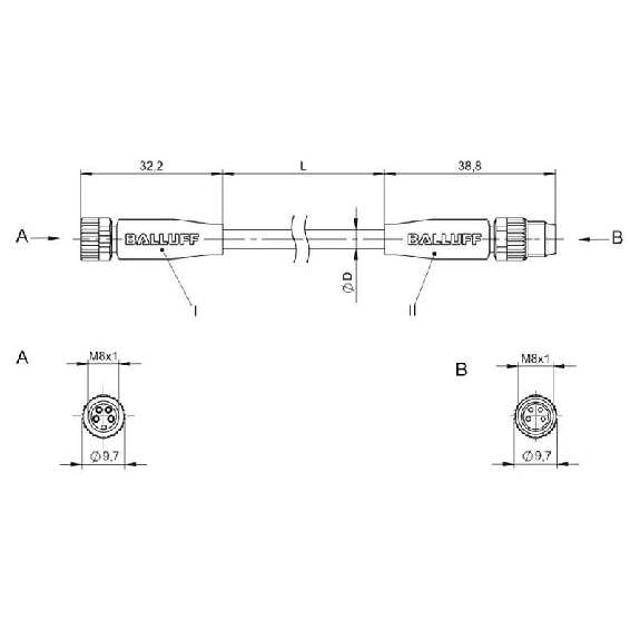 M08A Fem Droit 4p/M08A Mâle Droit 4p; PUR 4x0.34 Noir Cpc 5m-Lire la description