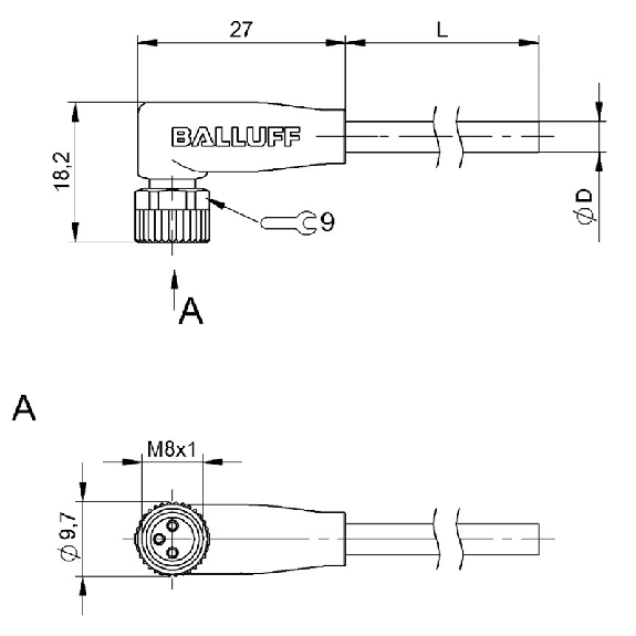 M08A Fem Coudé 3p LED; Câble PUR 3x0.34 Noir Cpc 20m-Lire la description