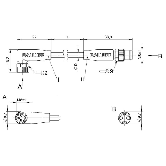 M08A Fem Coudé 3p LED (x2)/M08A Mâle Droit 3p; PUR 3x0.34 Noir 1.5m-Lire la description