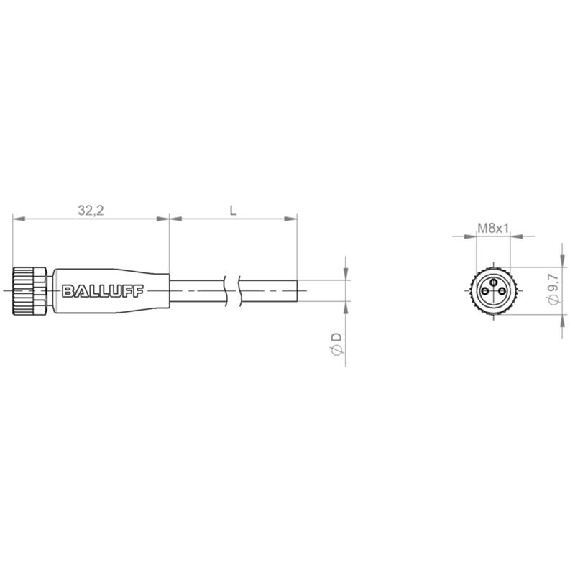 M08A Fem Droit 3p; Câble PUR 22 AWG Jaune Cpc 8m-Lire la description