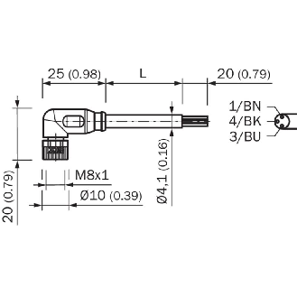M08A Fem Coudé 3p; Câble PUR 3x0.25 Noir Cpc 10m-Lire la description