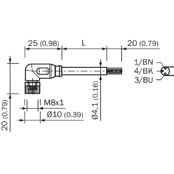 M08A Fem Coudé 3p; Câble PUR 3x0.25 Noir Cpc 10m-Lire la description