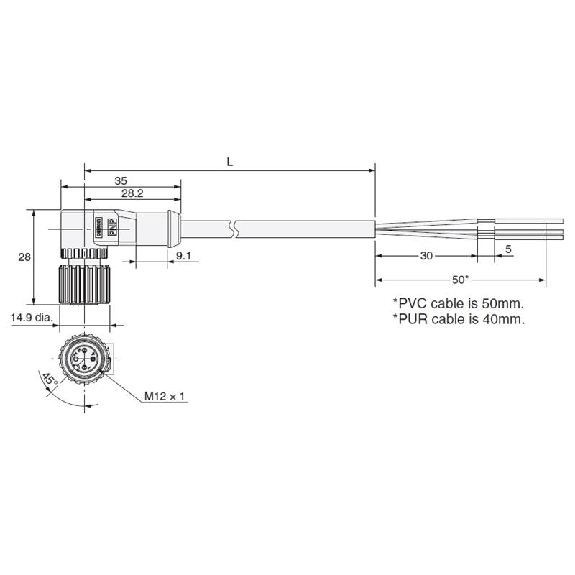 M12A Fem Coudé 3p LED PNP; Câble PUR 3x0.32 Noir 5m-Lire la description