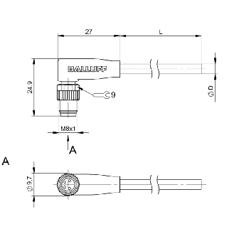 M08A Mâle Coudé 4p; Câble PVC 4x0.34 Gris Cpc 2m (60V)-Lire la description