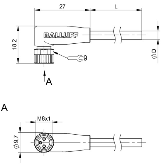 M08A Fem Coudé 3p LED (x2); Câble PUR 22 AWG Jaune Cpc 2m-Lire la description