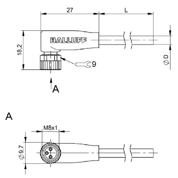 M08A Fem Coudé 3p; Câble PUR 3x(22 AWG) Jaune Cpc 5m-Lire la description