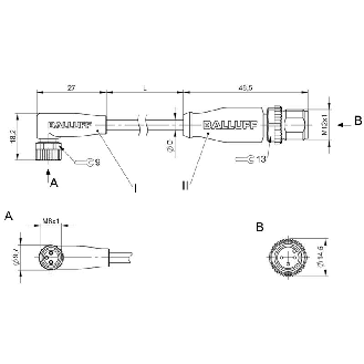 M12A Fem Coudé 3p LED/M12A Mâle Droit 3p; PUR 3x0.34 Noir Cpc 0.6m-Lire la description