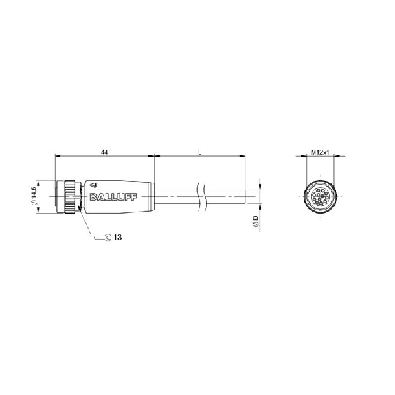 M12A Fem Droit 12p; Câble PUR 12x0,25 Noir Cpc 40m (30V)-Lire la description