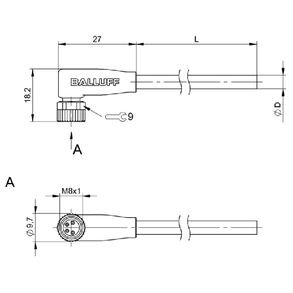 M08A Fem Coudé 4p; Câble TPE 4x 22 AWG Jaune 2m (60V)-Lire la description