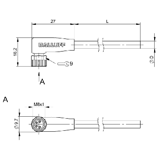 M08A Fem Coudé 4p; Câble TPE 4x 22 AWG Jaune 2m (60V)-Lire la description