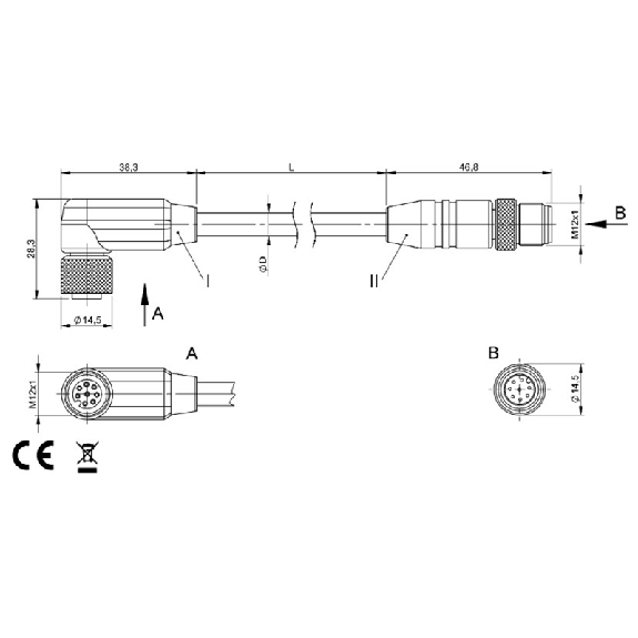 M12A Fem Coudé 8p/M12A mâle Droit 8p; PUR Blindé Noir Cpc 5m-Lire la description