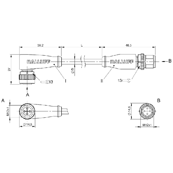 M12A Fem Coudé 5p/M12A Mâle Droit 4p; PUR 4x0.34 Noir Cpc 5m-Lire la description