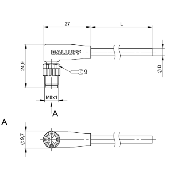 M08A Mâle Coudé 4p; Câble PVC 4x0.34 Gris Cpc 5m (60V)-Lire la description