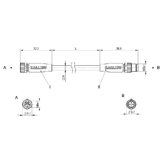 M08A Fem Droit 4p/M08A Mâle Droit 3p; PUR 3x0.34 Noir Cpc 1m-Lire la description