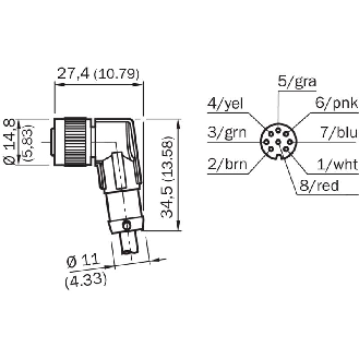 M12 Fem Coudé 8p; Câble PUR Blindé 8x0.25 Noir 10m-Lire la description