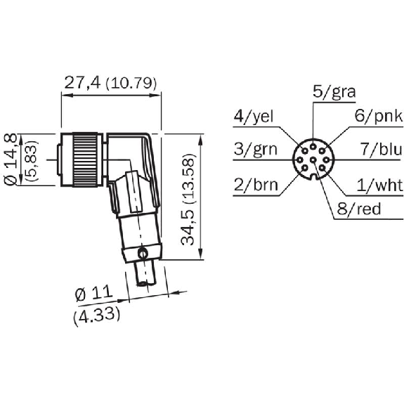 M12 Fem Coudé 8p; Câble PUR Blindé 8x0.25 Noir 10m-Lire la description