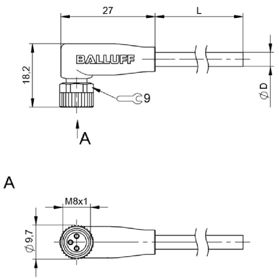 M08A Fem Coudé 3p; Câble PUR 3x0.34 Noir Cpc 3m (60V)-Lire la description