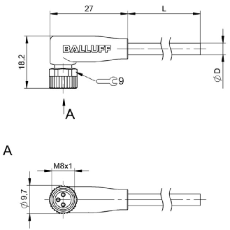 M08A Fem Coudé 3p; Câble PUR 3x0.34 Noir Cpc 3m (60V)-Lire la description