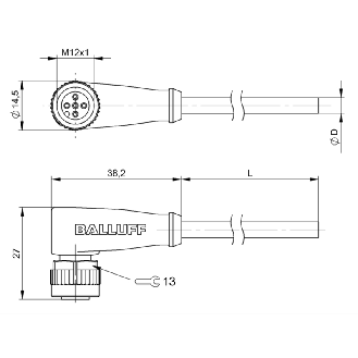 M12A Fem Coudé 5p LED PNP NO/NF; Câble PUR 5x0.34 Noir Cpc 5m (30Vdc)-Lire la description