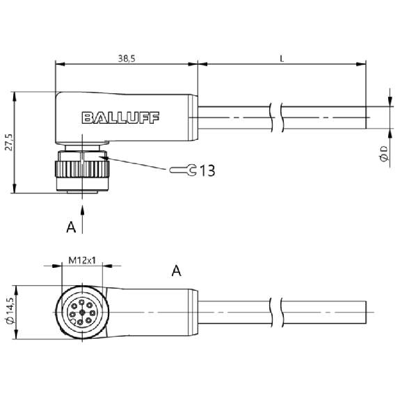 M12A Fem Coudé 8p; Câble PUR 8x0.25 Noir Cpc 5m (30V)-Lire la description
