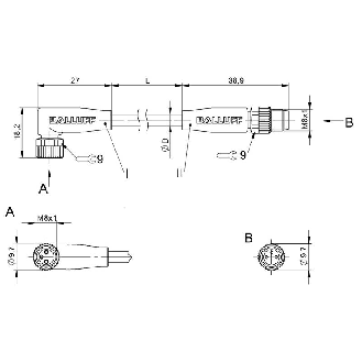 M08A Fem Coudé 3p LED (x2)/M08A Mâle Droit 3p; PUR 3x0.34 Noir 0,3m-Lire la description