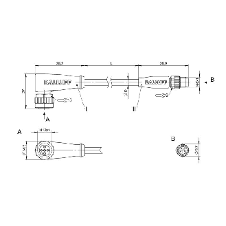 M12A Fem Coudé 5p/M08A Mâle Droit 3p; PUR 3x0.34 Noir Cpc 5m-Lire la description