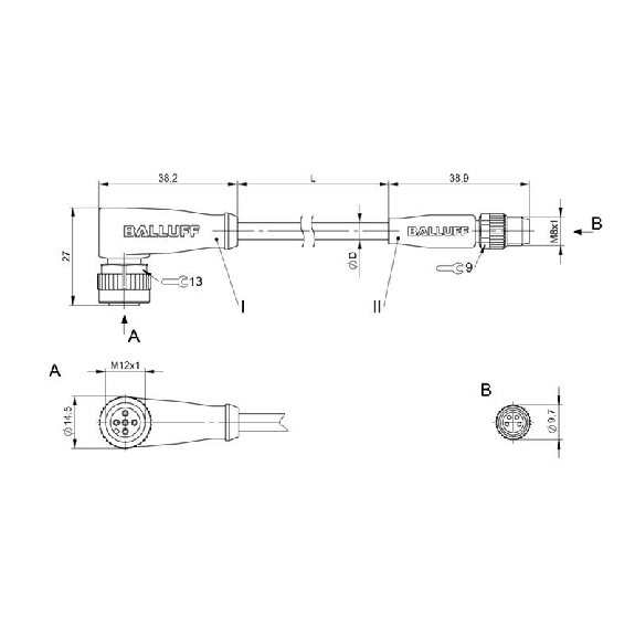 M12A Fem Coudé 5p/M08A Mâle Droit 3p; PUR 3x0.34 Noir Cpc 5m-Lire la description
