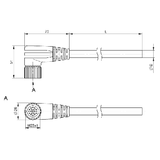 M23 Fem Coudé 19p anti-horaire; Câble PUR 19x(0.50+1.0) Noir Cpc 20m-Lire la description
