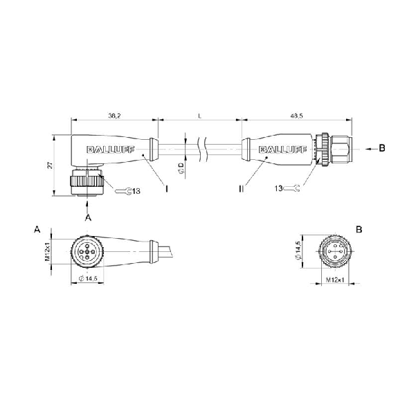 M12A Fem Coudé 4p/M12A Mâle Droit 5p; PVC 4x0.34 Gris Cpc 2m-Lire la description