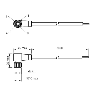 M08A Fem Coudé 4p; Câble PVC 4x0.25 Noir 2m-Lire la description