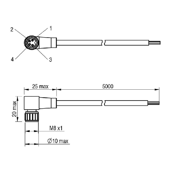 M08A Fem Coudé 4p; Câble PVC 4x0.25 Noir 2m-Lire la description