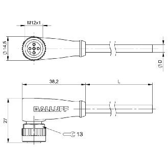 M12A Fem Coudé 5p LED PNP NO/NF; Câble PUR 4x0.34 Noir Cpc 10m-Lire la description