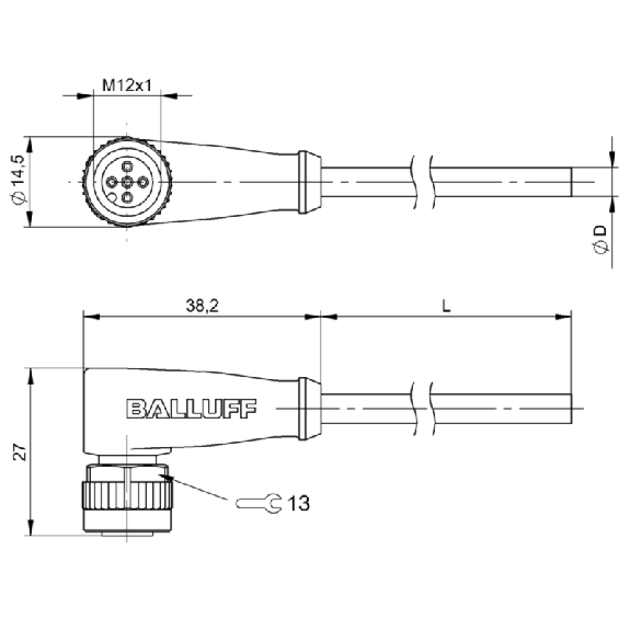 M12A Fem Coudé 5p LED PNP NO/NF; Câble PUR 4x0.34 Noir Cpc 10m-Lire la description