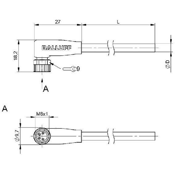 M08A Fem Coudé 4p LED; Câble PUR 4x0.34 Noir Cpc 10m (30Vdc)-Lire la description