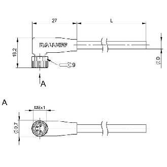 M08A Fem Coudé 4p LED; Câble PUR 4x0.34 Noir Cpc 10m (30Vdc)-Lire la description